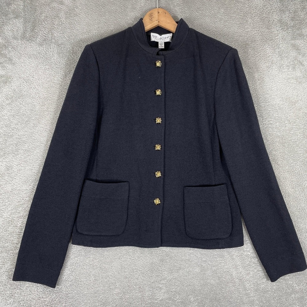 St. John Collection Santana Knit Jacket Womens 8 Navy Blue Gold Flower Buttons